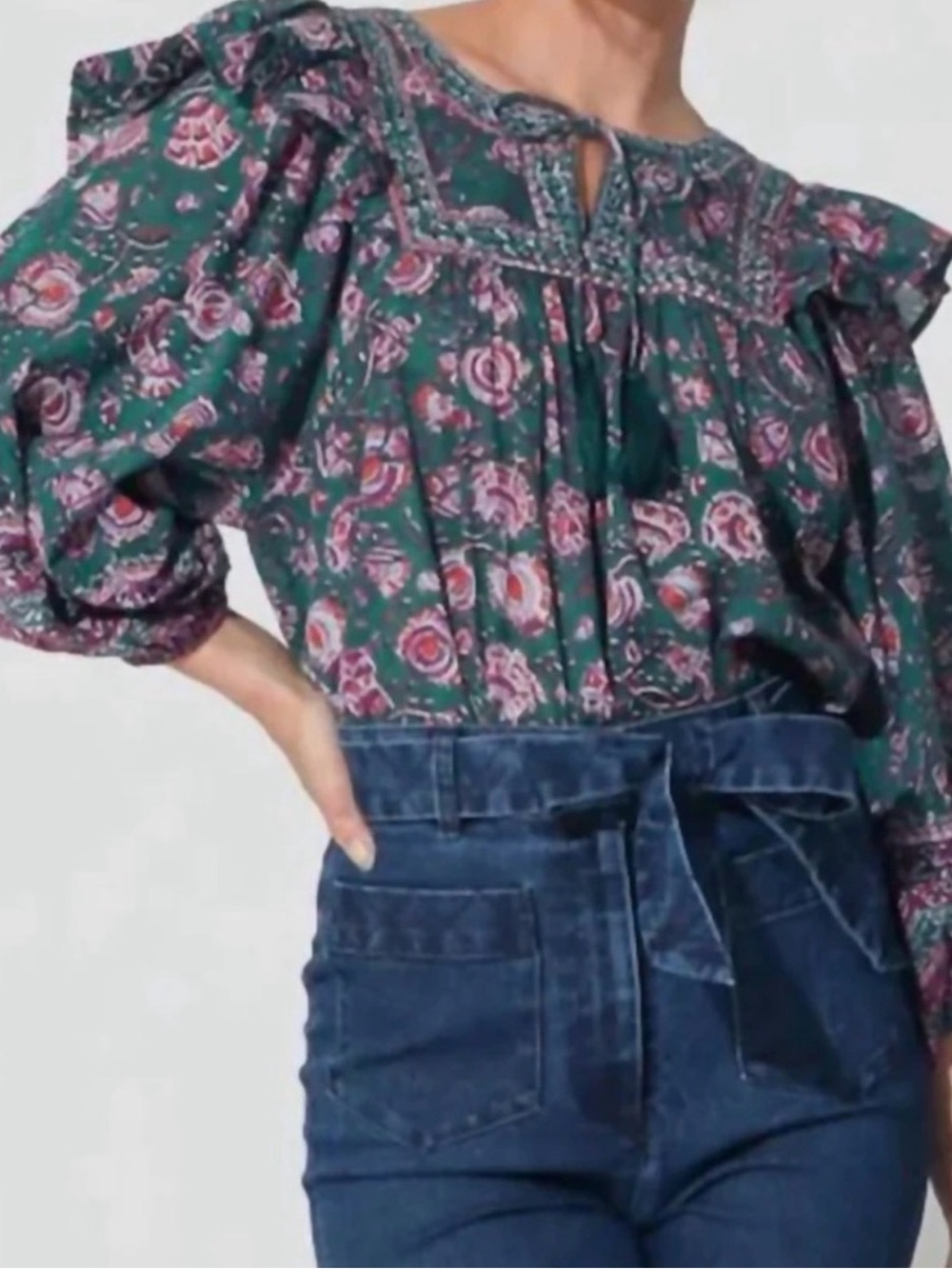 Cleobella Mylar Green Floral Peasant Blouse with Pink Accents NWT